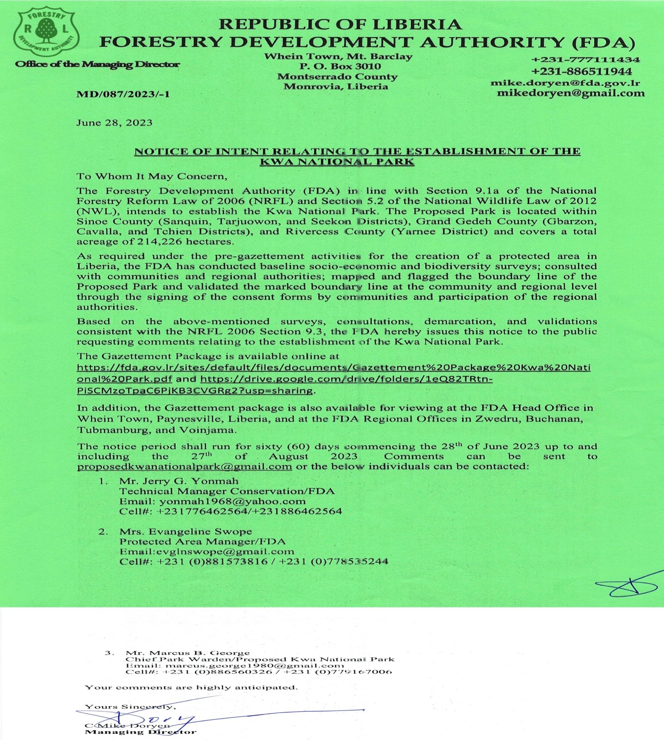 ublic Notice of Intend for the Establishment of Kwa National Park