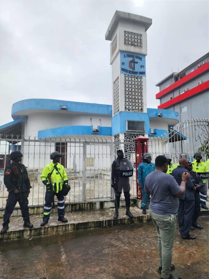 Police at Methodist Church in Monrovia